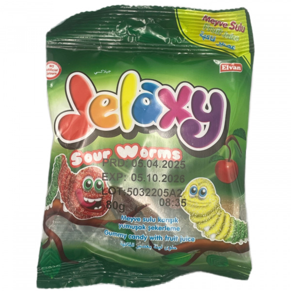 Мармелад жевательный «Jelaxy» фруктовые червячки кисло-сладкие 80 г (Турция)